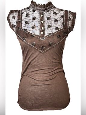 Vintage Free People Lace Yoke Top Chocolate Brown Victorian Prairie Size M NWT